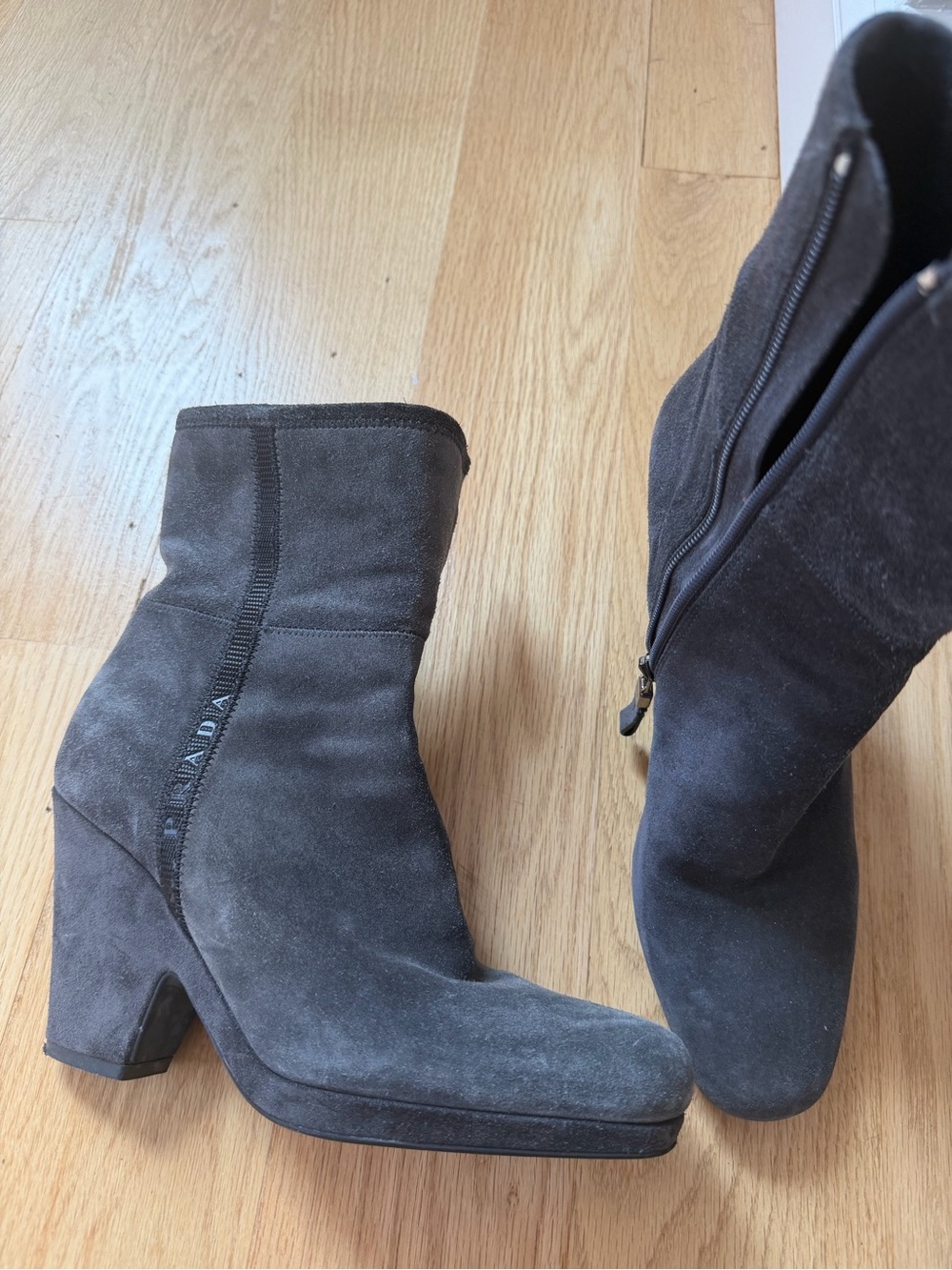 Prada Gray Suede Block Heel Ankle Boots